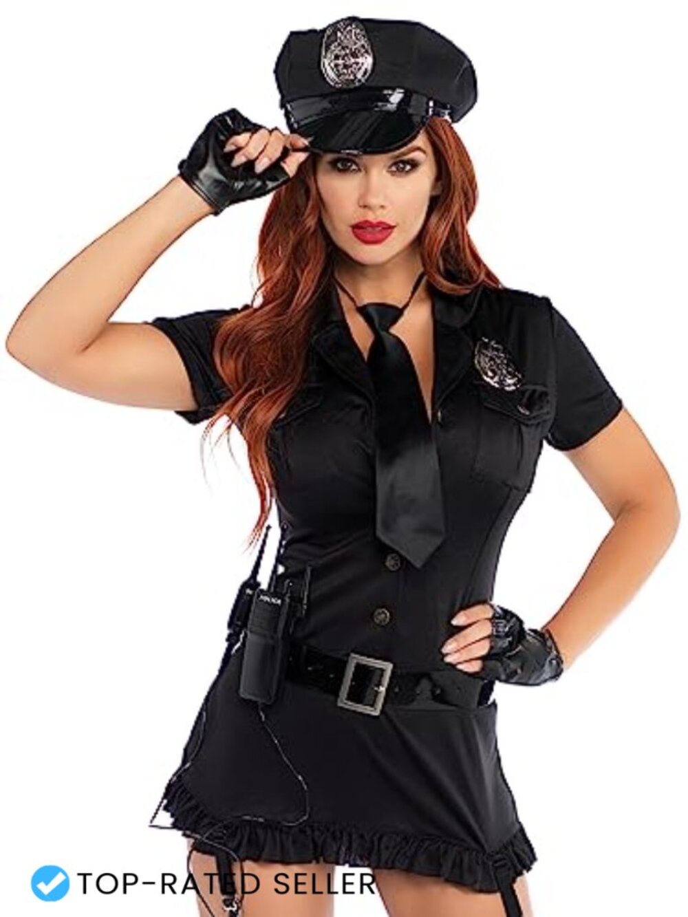 6 Pc Dirty Cop Costume Dress Hat Gloves Belt Tie Toy Walkie Talkie